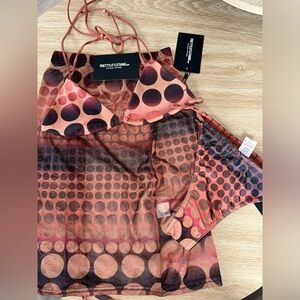 Brown ombre circle print mesh ruched side beach bikini top & bottom and skirt